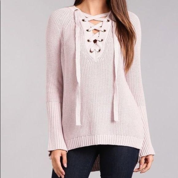 BLVD LaceUp V Neck Chunky Knit Relaxed Sweater NWT - Picture 8 of 15